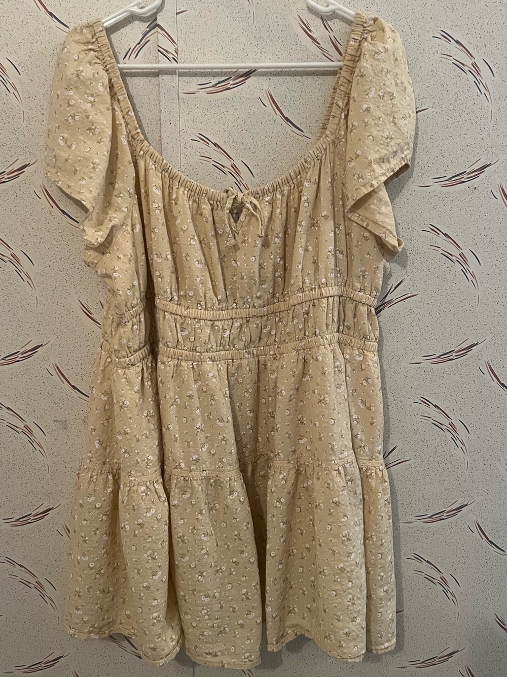 Pale Yellow Floral Tiered Mini Dress Cottagecore Flutter Sleeve